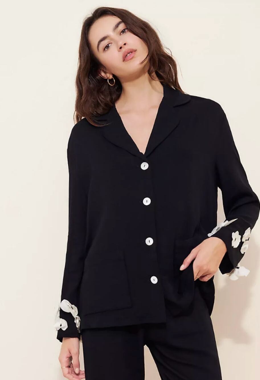 SLEEPER In Bloom Silk Blend Pajama Shirt in Black Size Small